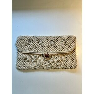 Raffia Straw‎ Clutch Summer Evening Whimsy Cottage Coastal Wood Button Purse Bag